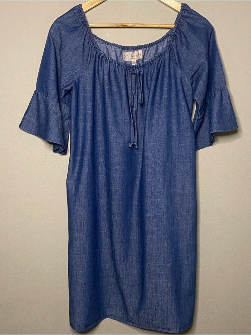 Philosophy Denim Shift Dress Medium Ruffled Sleeves Scoop Neck Peasant Casual